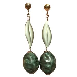 1960s Green Lucite and Gold-Tone Clip-On Dangle Earrings, Mid-Century Jewelry